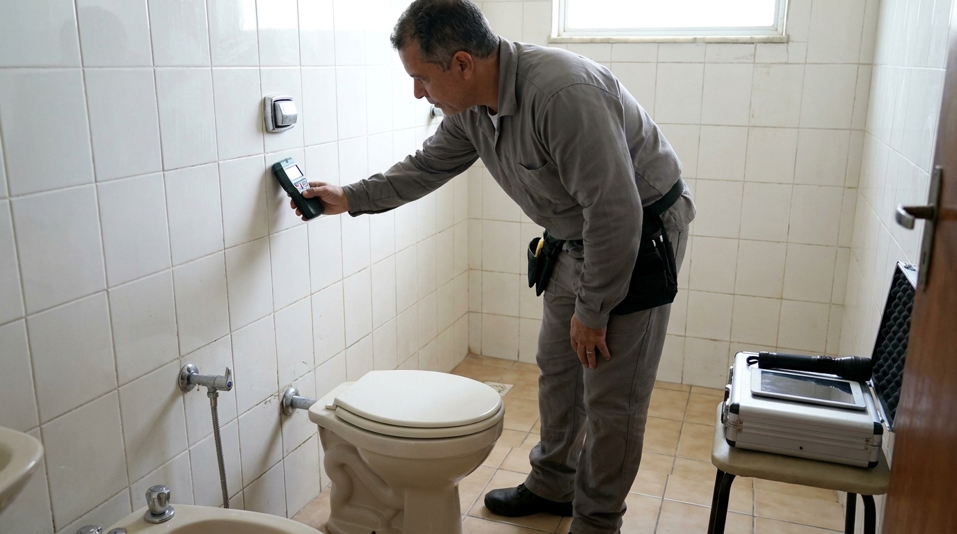 Técnico de caça vazamento analisando tubulação em Feira de Santana‑BA